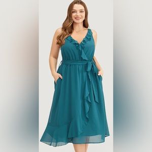 NWT 14/16 1X BloomChic Cyan Belted Ruffle Trim Surplice Neck Cami Dress